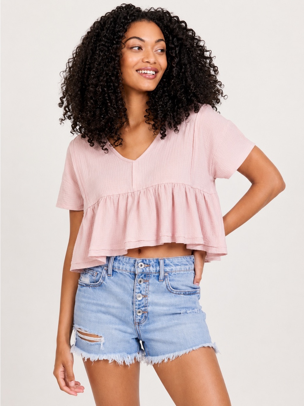 Altered State Light Pink V-Neck Peplum Crop Top